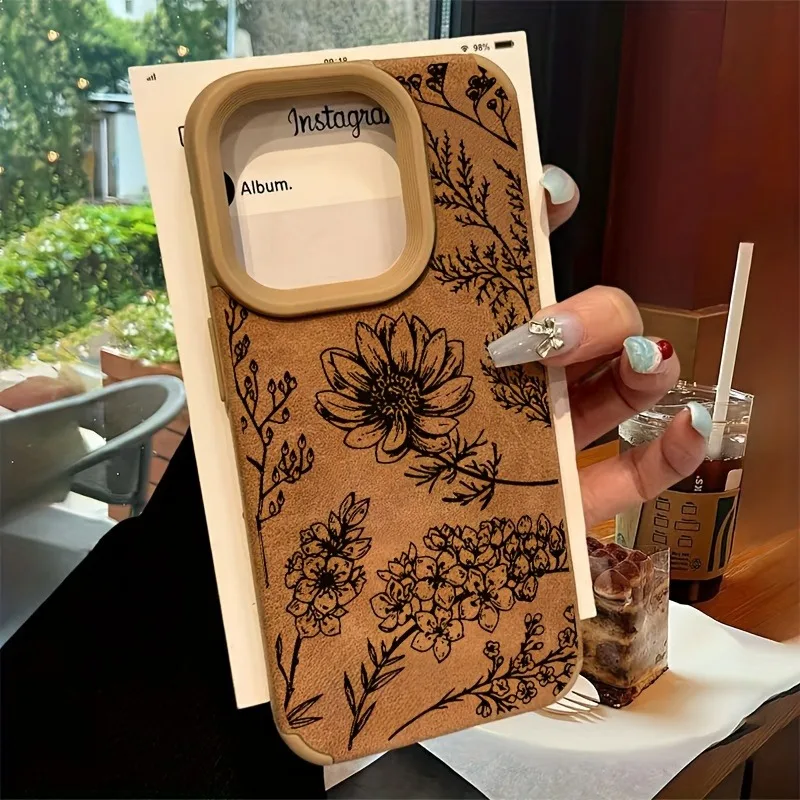 Line Flower Sunflower Bonded Leather Phone Case For iPhone 16 15 14 13 12 11 Pro XS Max XR X 15 Plus 16 Pro Max Matte Back Cover