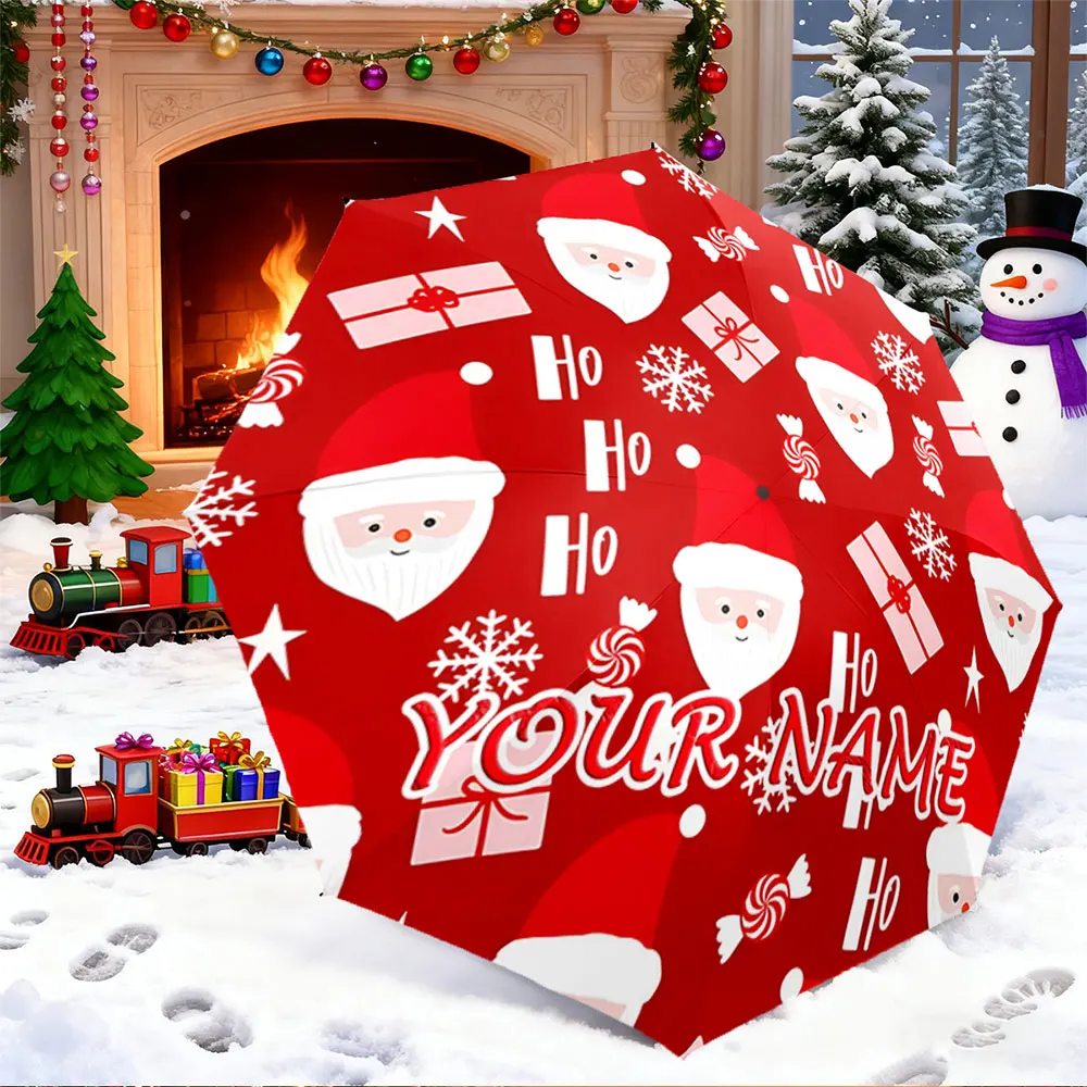 Custom Name Umbrella， Custom Christmas Umbrella with Santa, Gifts & Candy Pattern ,Portable Folding Umbrella, Christmas Gift