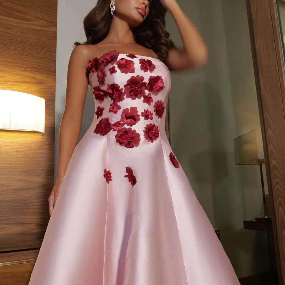 Vestidos de Noche elegantes con flores en 3D, vestidos de fiesta rosas sin tirantes y sin mangas, vestidos de fiesta drapeados con tren de barrido elegante para mujer