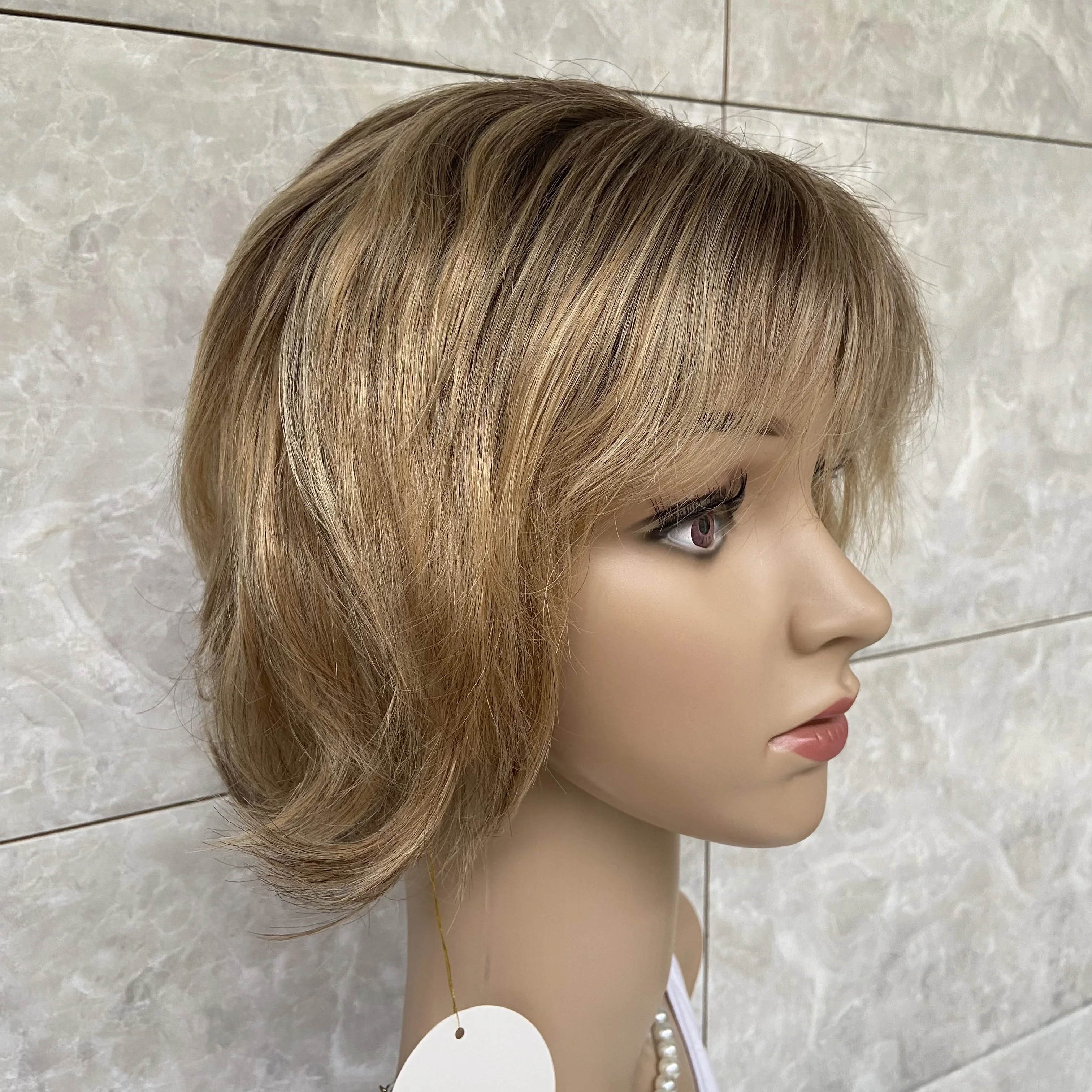 Fashiomag Short Wavy Hairstyle Rooted Blonde Mix Human Hair Blend Heat Ok Wigs For White Women Soft Natural Daily Use