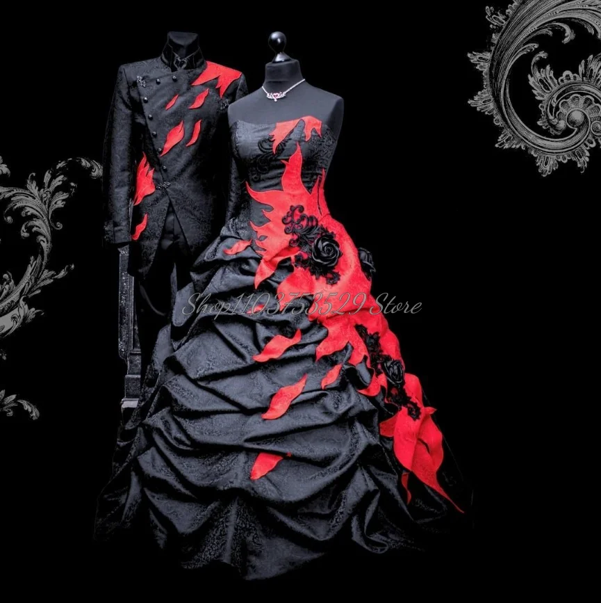 Black Red Vintage Victorian Prom Dresses Delicate Sheath Appliques 3D Floral Puffy Pleated Lace Up Gothic Steampunk Halloween