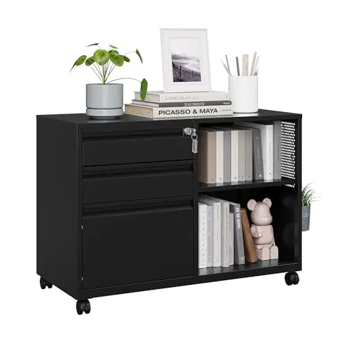 3 Drawer File Cabinet with Lock, Metal Lateral Rolling Printer Stand Office Storage Filing Cabinets for Home Office,A4