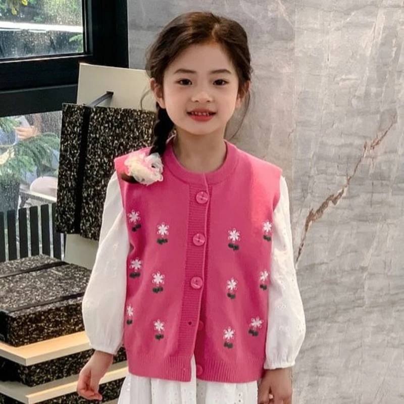 

Sweet Autumn 2025 Kids Knit Vest Jacket Trendy Children's Sweater Cardigan Top for Girls