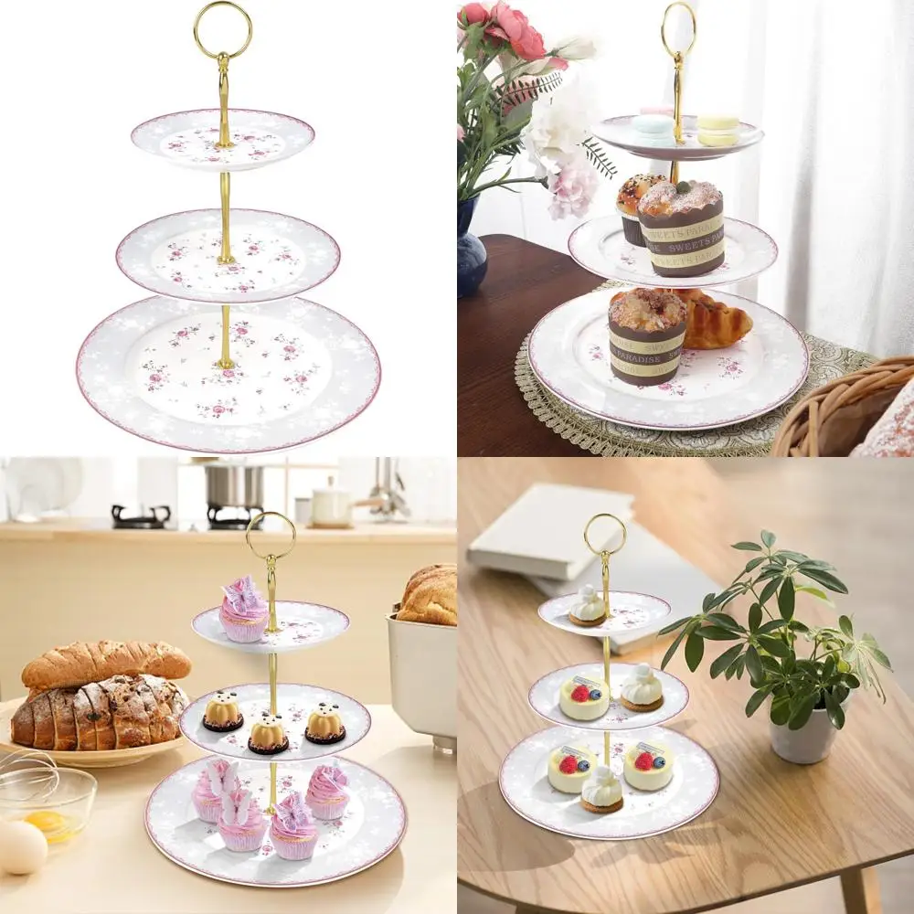 

Pink Rose Three-Tier Porcelain Cupcake Stand, Floral Round Fruit Display Stand, Dessert Tower Tray for Weddings and Birthdays