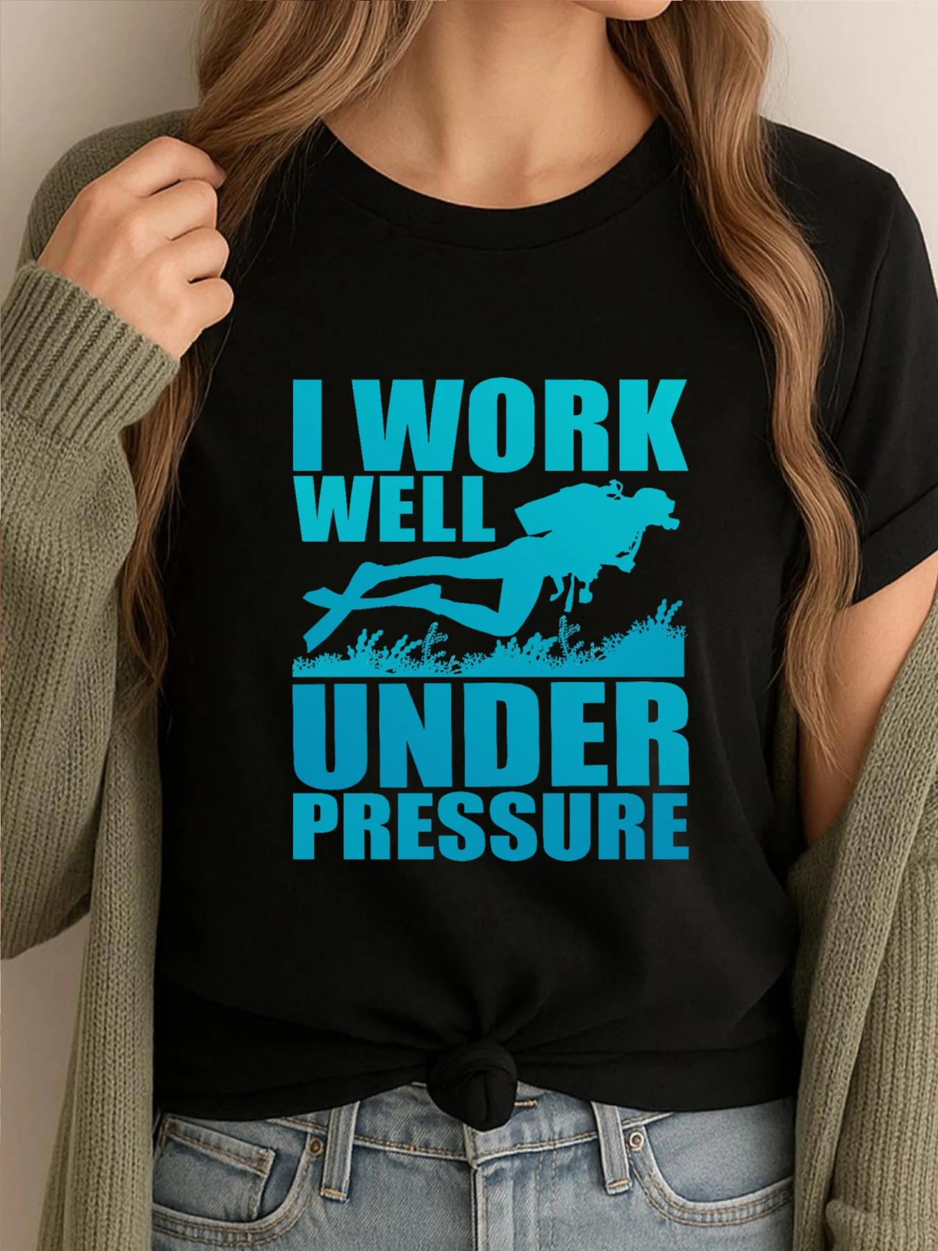 

Я работа хорошо под давлением, подарок для подводного плавания, дайвинга, футболки с графическим рисунком, мужская футболка для отдыха, мужская одежда с буквенным принтом