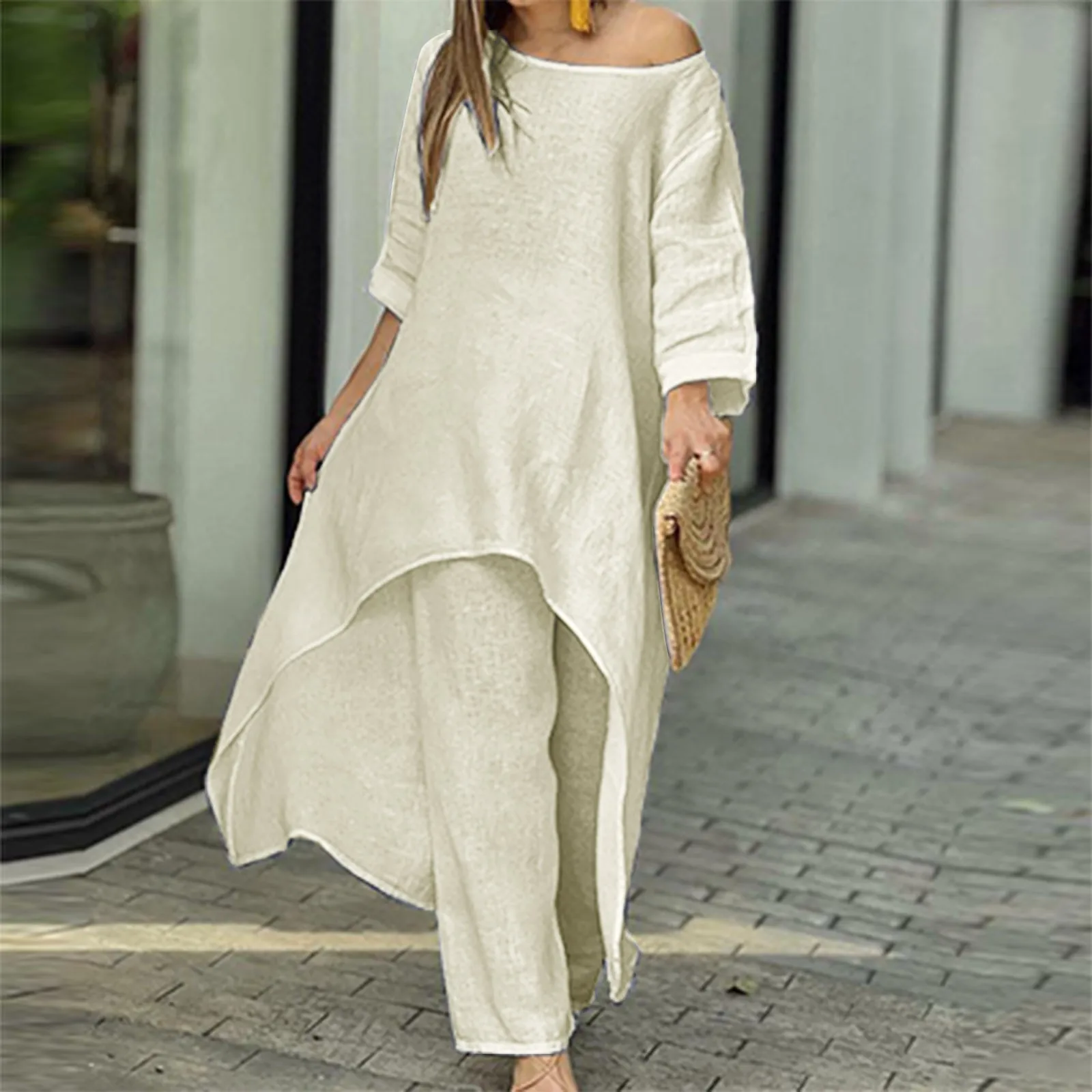 2pcs/Set Women Outfits Wide Leg Pants Cotton Linen Suit Irregular Hem Blouse Trousers Oversize Casual Round Neck Top Women 2024