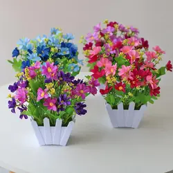 Artificial Bonsai Decorative Fake Flower Pot with Fence Plastic Anti-fade Simulation Bonsai Long-lasting Fake Marguerite Flower