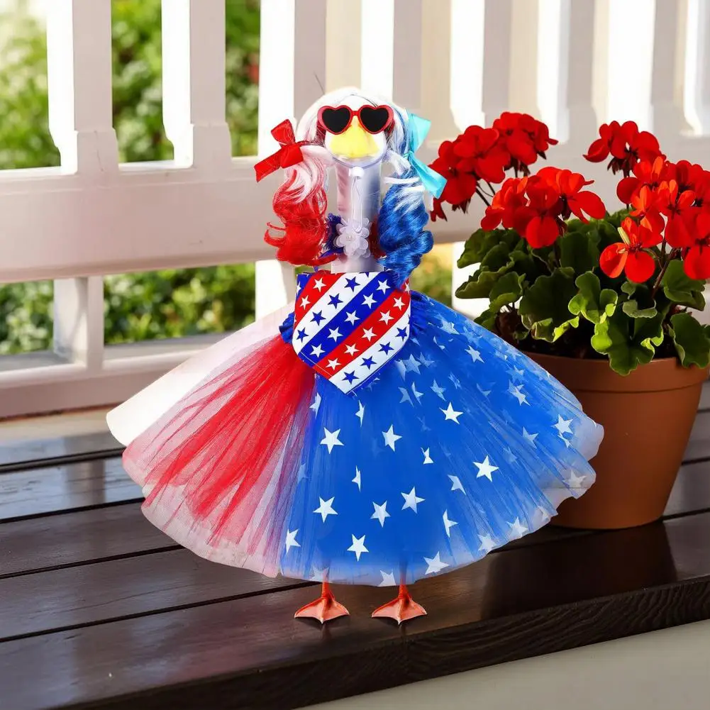Patriotic Porch Goose Outfits 4th of July Lawn Goose Clothes with Skirt Wig Bandana Necktie Goose Festive Garden Decorations