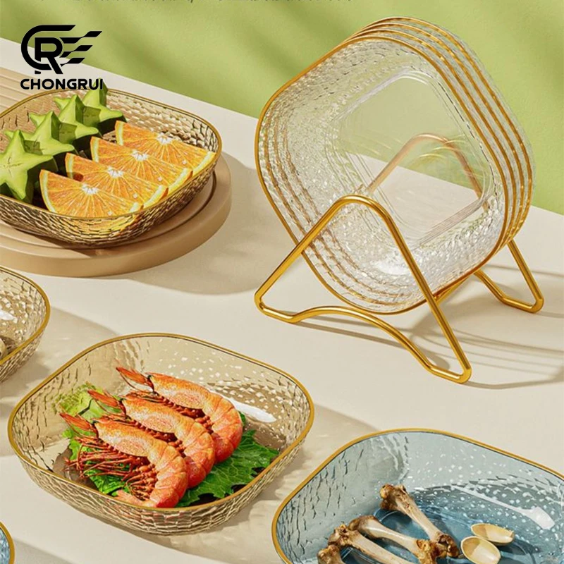 6pcs Snack Plates with Storage Rack Durable Plastic Reusable Bone Spitting Plate Set  Candy Fruit Cookie Cake Storage Tray
