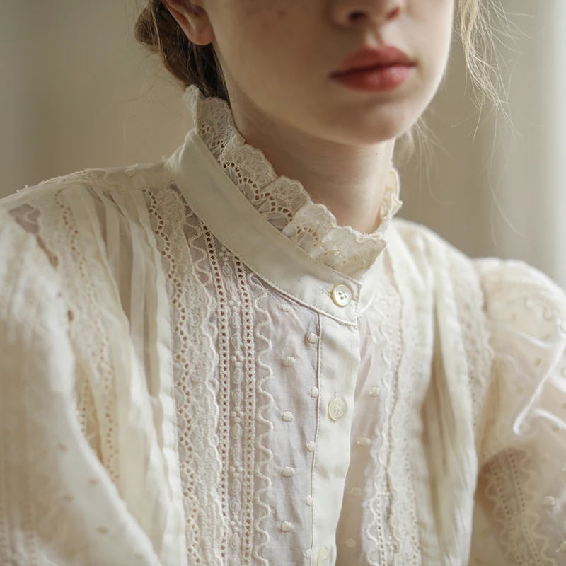 100cm Bust Spring Summer New Arrival Women Vintage French Style Mori Girls Exquisite Anthocaulus Embroidered Shirts/Blouses