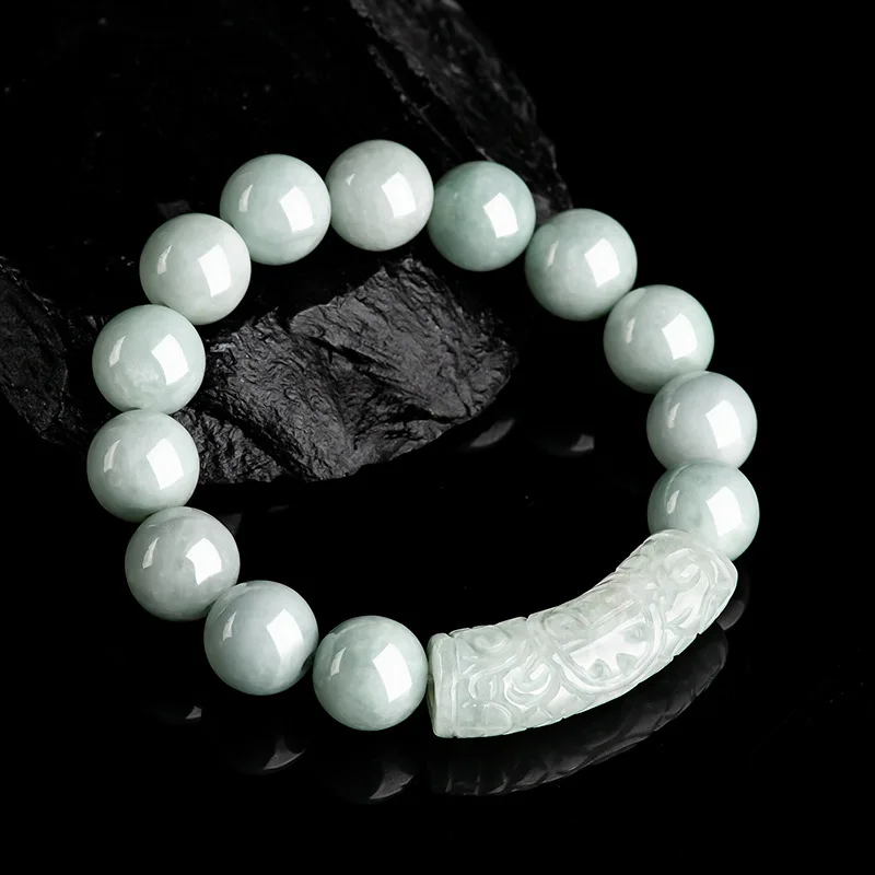

Natural A-type Jade Patterned Curved Tube Light Green Beaded Women Bracelet with certificate 1 sold