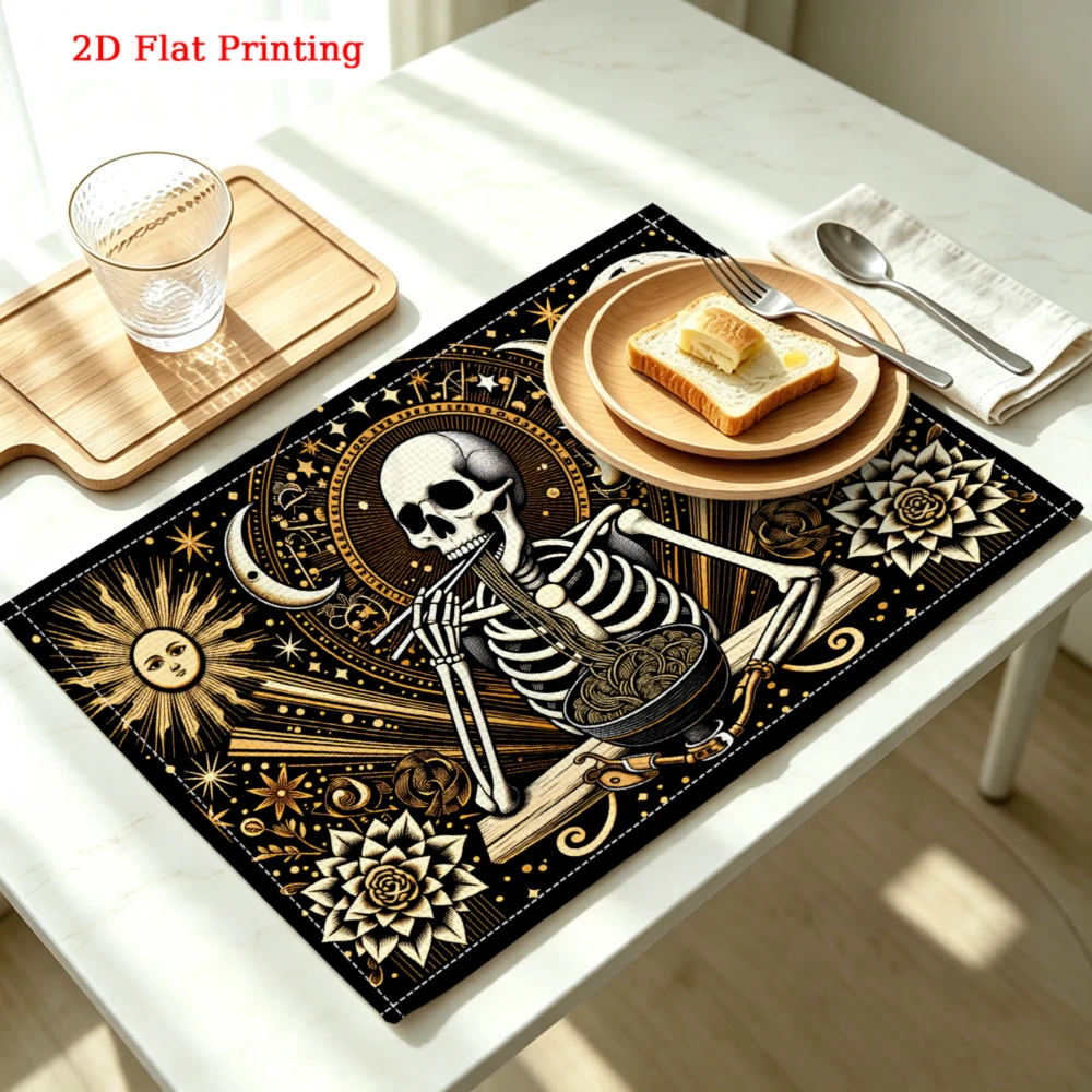 Skeleton Eating Noodles Kitchen Placemat Skeleton Eating Noodles Linen Pad Dish Coffee Cup Table Mat 1PC 30x40cm