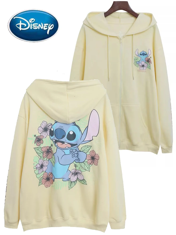 

Disney Sweatshirt Front Back Stitch Little Monster Flowers Cartoon Print Fashion Women Zip Pocket Hooded Jumper Top Yellow Femme