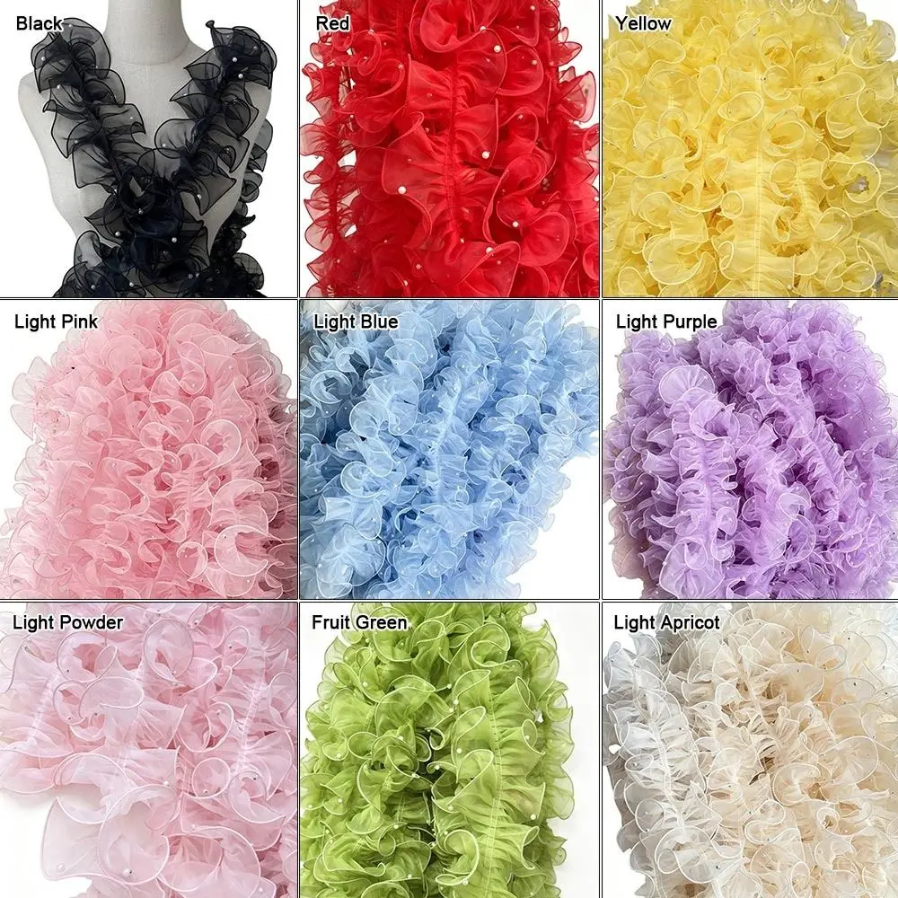 11cm Wide Organza Beaded Ribbon Wave Ruffle Edge 1 Yard Pleated Lace Trim Flower Lace Pearl Fabric Edge Beaded Mirror Welt