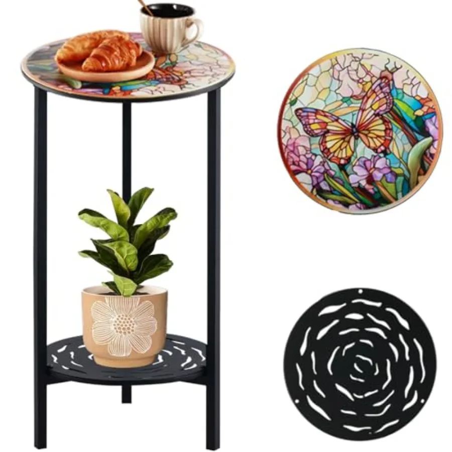 

2-Tier Metal Round Side Table Black Accent Coffee Tables Small Space Corner Plant Stand Shelf for Indoor Outdoor Use Patio Balc