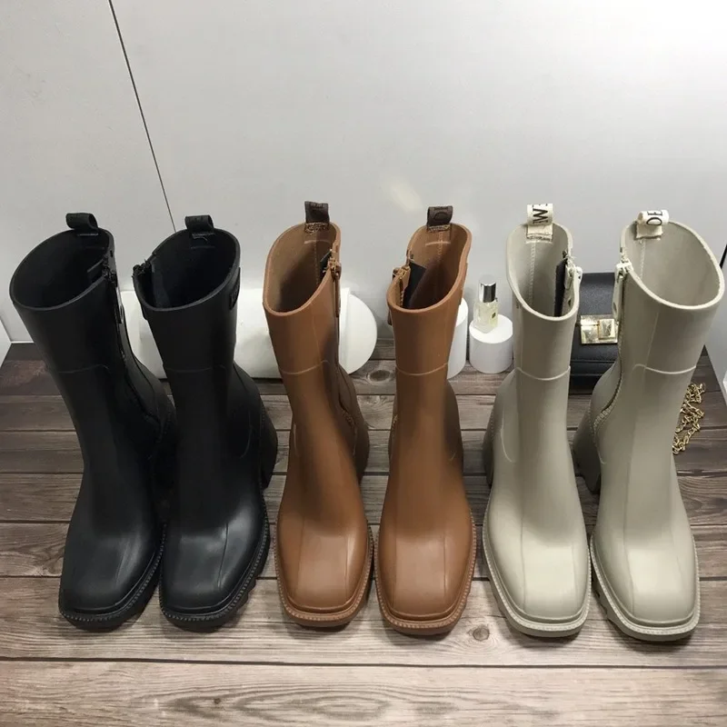 Chunky Heel wysokość zwiększenie krótkie buty kostki pcv Rainboots 2021 marka Runway kobiety gruba podeszwa buty motocyklowe dla kobiet