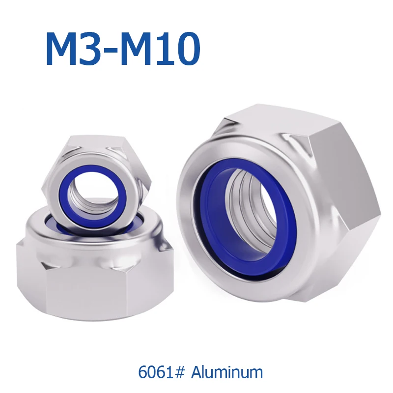 6061# Aluminum 5pcs/ Lot M3 M4 M5 M6 M8 M10 With Nylon Ring Self-lock Hex Nuts Locknut Din985