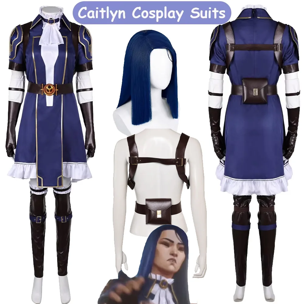 

Caitlyn Cosplay Arcane Costume Wigs Game LOL Roleplay Uniform Clothing Gloves Outfits Halloween Carnival Party Women Adult Suit