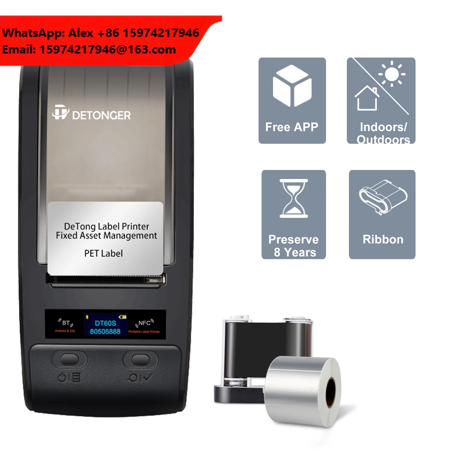 DETONGER Portable 20-50mm Fixed Asset Tag Printer Barcode Sticker Label Thermal Transfer Printer