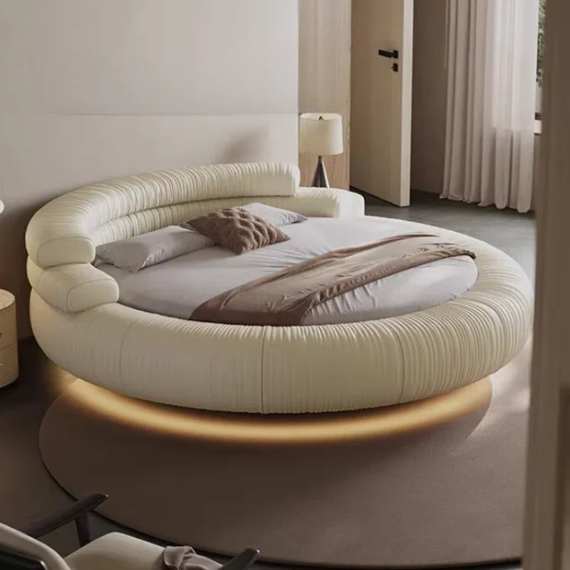 Italian Minimalist Suspended Bed Leather Round Hotel Adults Bedroom Bed Double Floating Luxury Cama De Casal Home Furniture