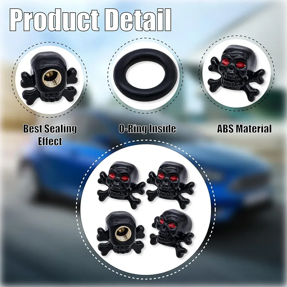 4Pcs Skull Style Tire Valve Stem Caps Dustproof Wheel Valve Covers with Rubber O-Ring for Cars BicyclesTrucks and Motorcycles