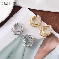 Korean Style Vintage 3 Layer Geometric Mosquito Coil Clip on Earrings Fashion Lightweight Statement Cuff Earrings Ear Clip New