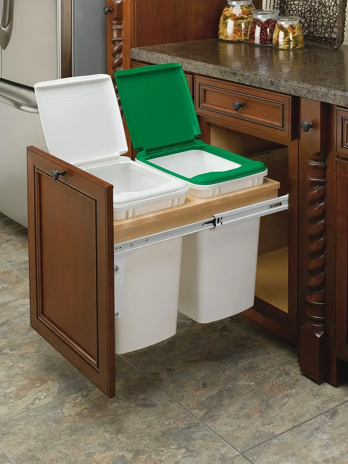 Double Pull-Out Trash Can for Base Kitchen& Bathroom Cabinets, 35 Qt Wood Top Mount Garbage Bin, 15