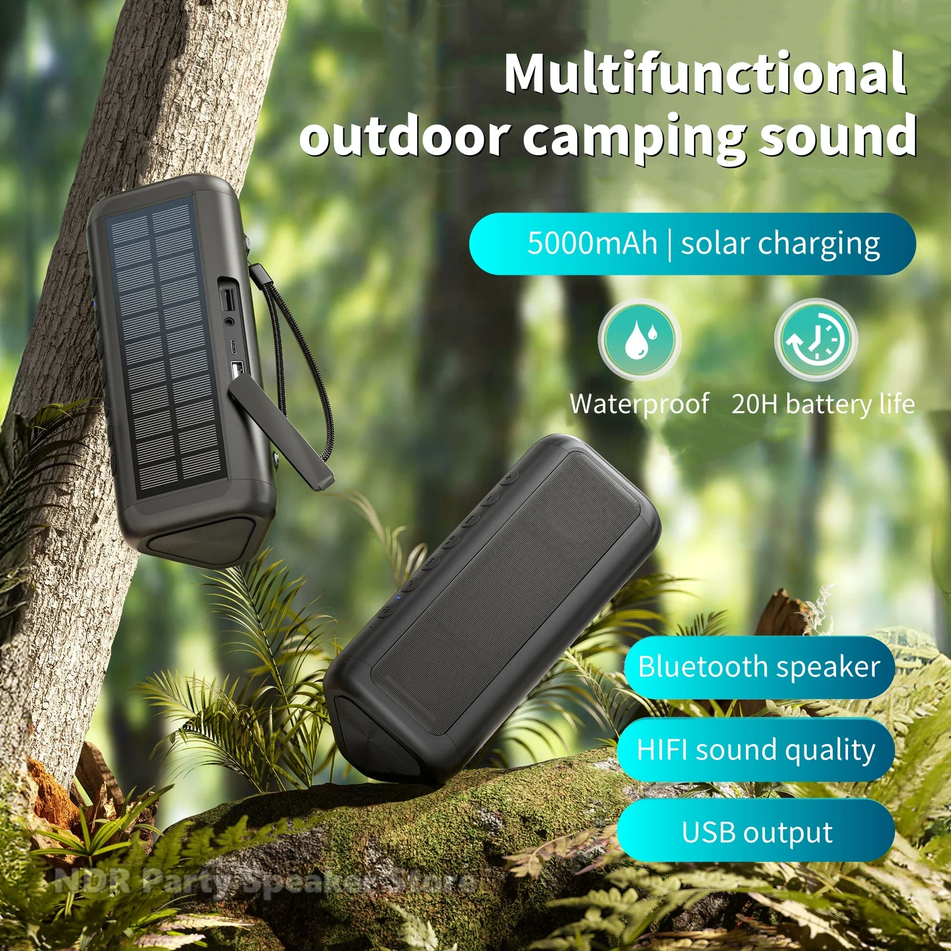 Hot Selling Portable 5000mAh Outdoor Bluetooth Speakers with Solar Function Multifunctional Camping Sound HIFI Sound Quality