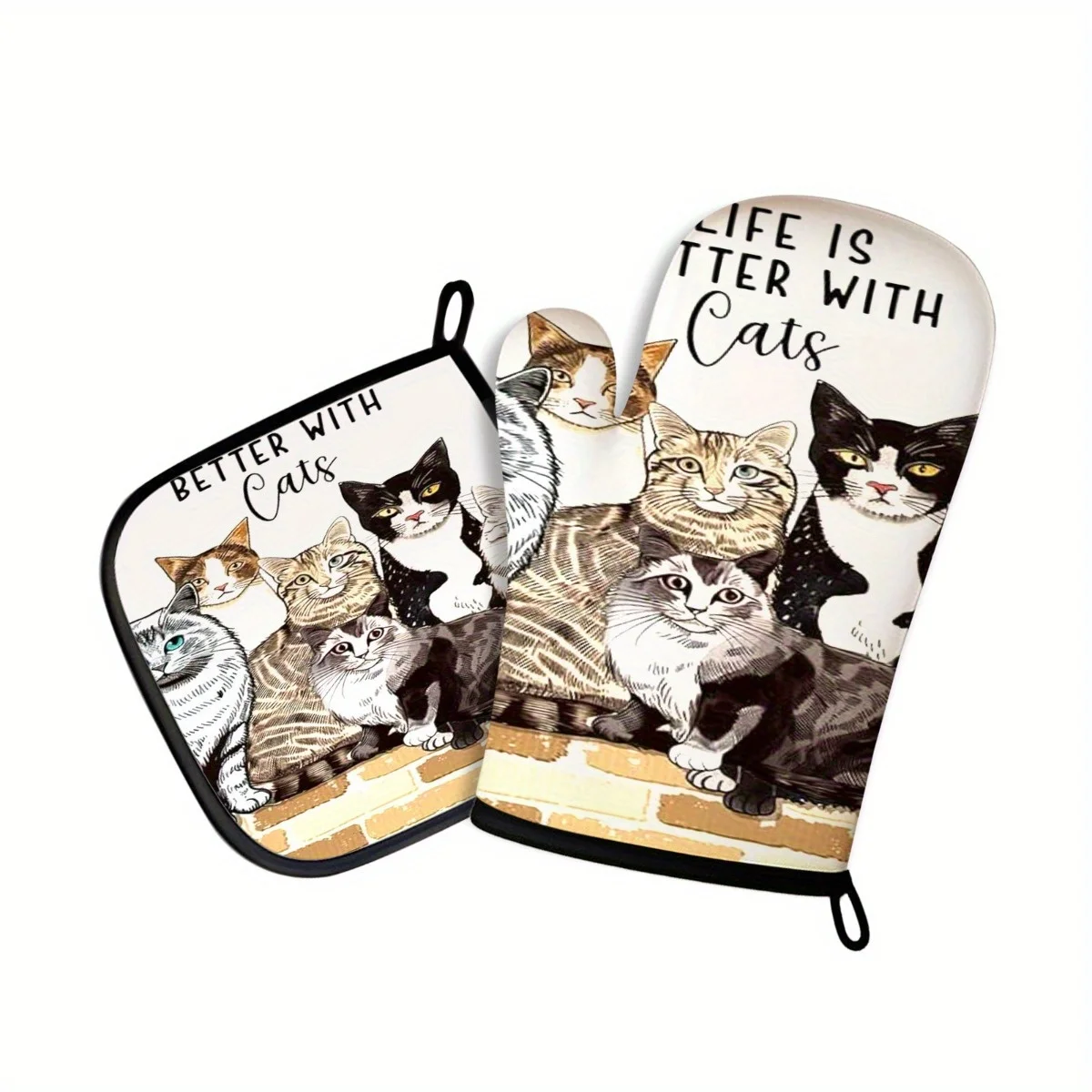 

2pcs Cat Lover Kitchen Mitts Polyester, High-Temperature Resistant Oven Gloves with Whimsical Cat Illustrations