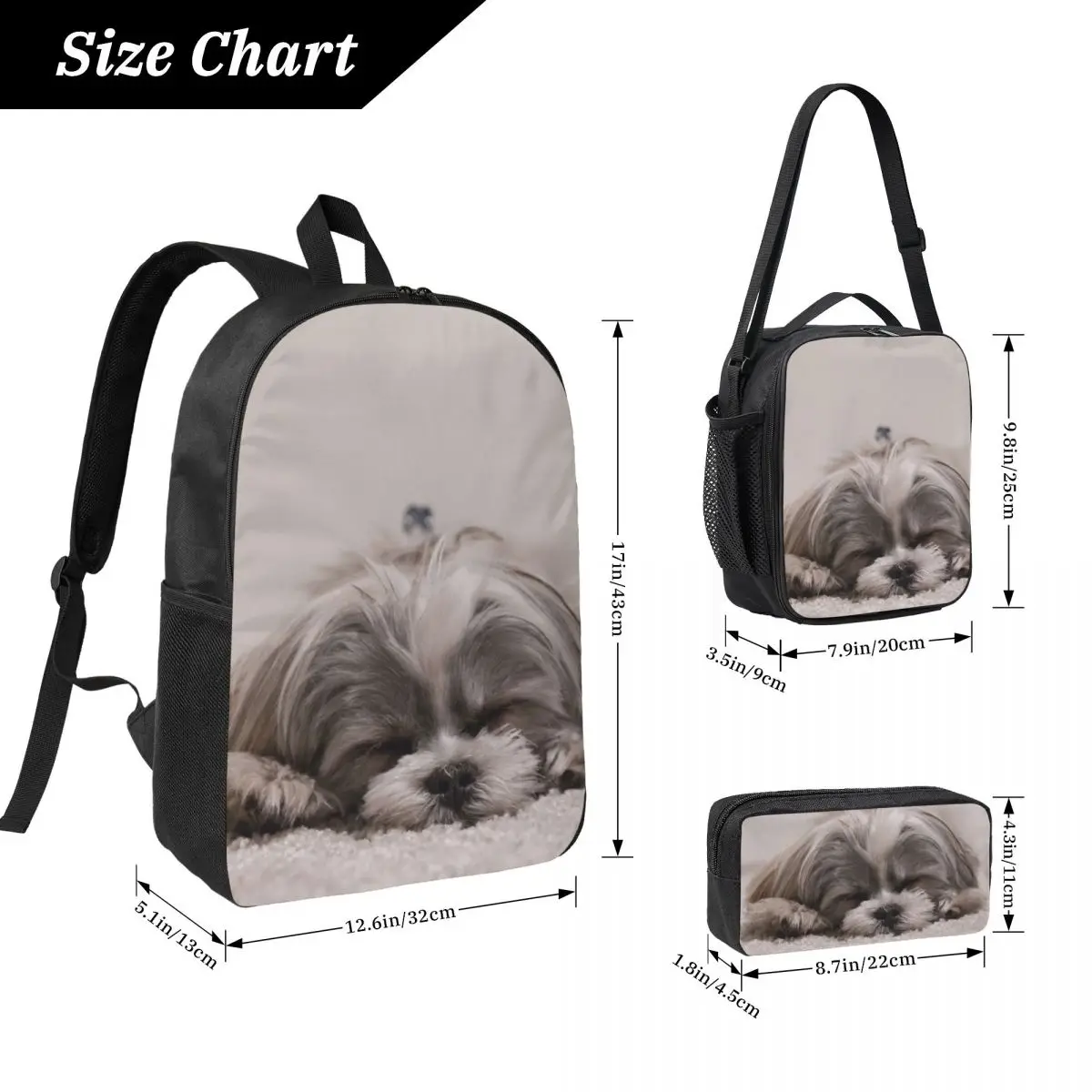 Shih Tzu Sleeping Backpack Student BookBag School Bag Computer Shoulder Bags 3ps Insulated Lunch Bag Pencil Case
