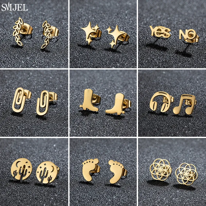 Minimalist Golden Stainless Steel Earrings for Women Fashion Boots Leaf Cactus Earings Daily Jewelry Footprints Studs Brincos
