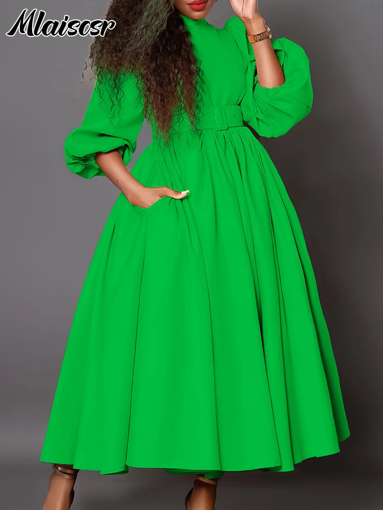 Mlaiscsr Elegant Evening Wedding Guest Party Yellow Pleated Dress Woman O Neck Long Sleeve Belt Waisted Birthday Dinner Vestidos