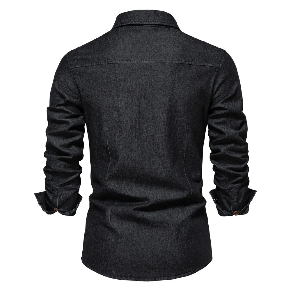 New Spring Long Sleeve Cotton Denim Men\'s Social Shirt High Quality Elastic Cowboy Slim Fit Blouse Black Casual Shirts for Men