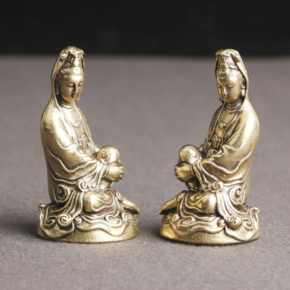 

2Pcs Small Avalokitesvara Statue Brass Desktop Ornament Style Buddha Decor Yin Decoration Home Tabletop