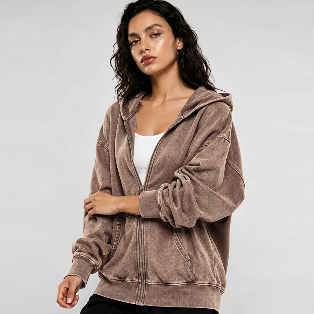 Casual American Retro Style For Autumn Winter Couples Jackets Women's Zipper Hooded Open Cardigan Loose Oversize Sweatshirt