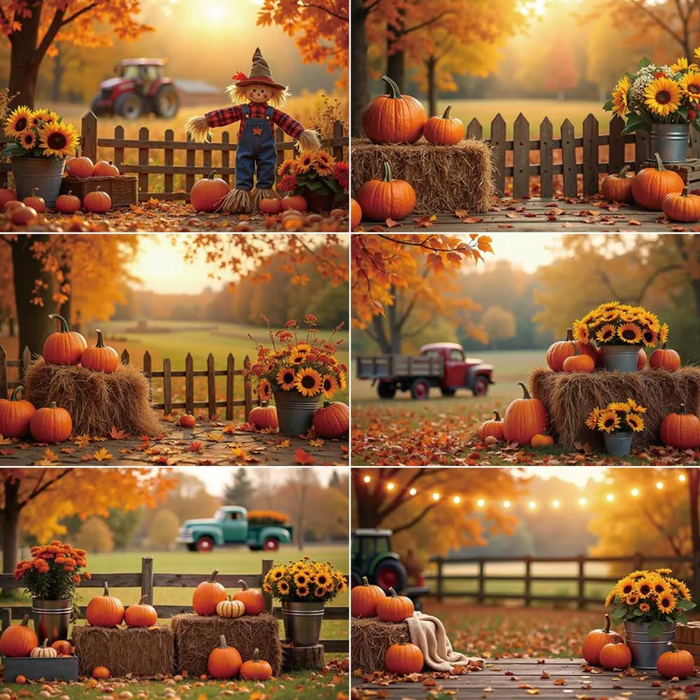 

MOON.QG Autumn Harvest Backdrop Photography Scarecrow Farm Tractor Photozone Background Children Photo Studio Photocall Props