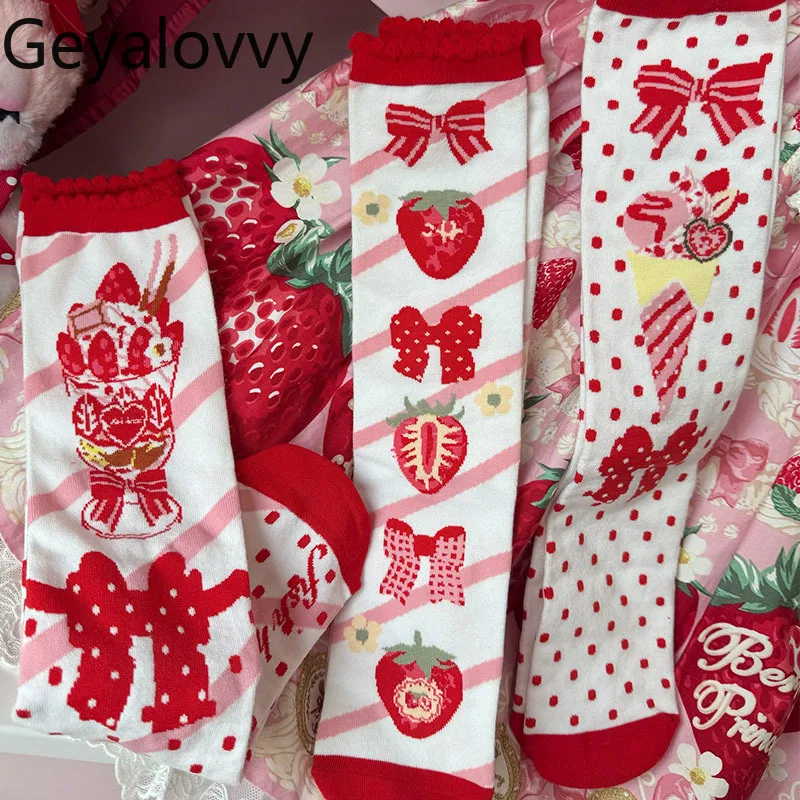 الأصلي الفراولة طباعة الحلو لطيف الفتيات الجوارب الطويلة القوس البولكا نقطة لوليتا الدانتيل الجوارب متوسطة أنبوب جورب المرأة اليابانية Sockings #3