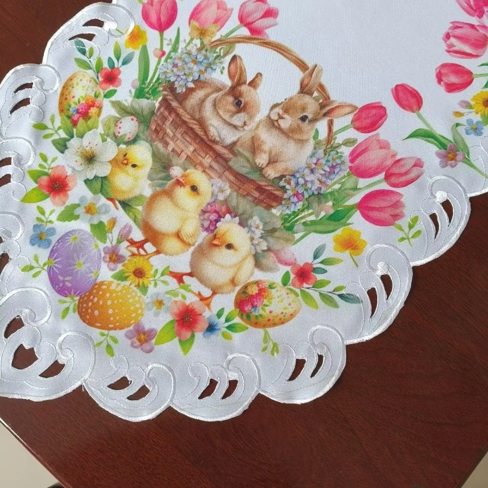 

Скатерть для стола с пасхальным рисунком: цыплята, тюльпаны, кролики. Водонепроницаемая, маслостойкая, противоскользящая. Для отелей.