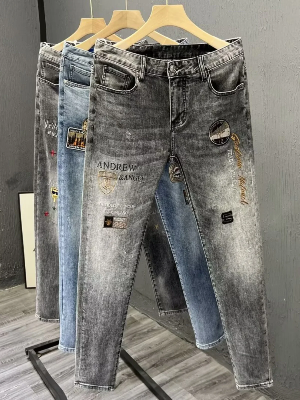 

Summer Men's Slim Fit Jeans Nine Points Embroidery Print High Waist Stretchy Diamond Heat Pred Small Straight Leg Pants