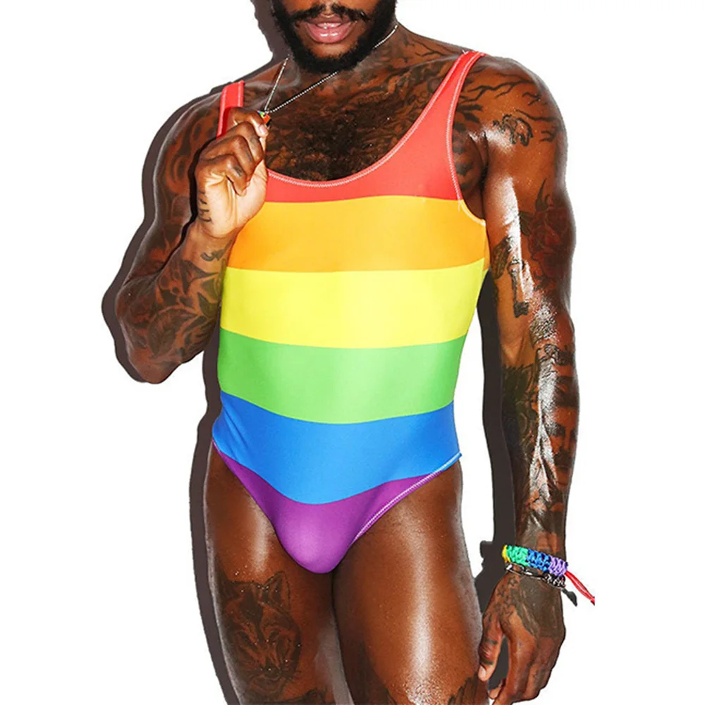 

Mens Sexy Rainbow Print Jumpsuit Nightclub Quick-Drying Shaping Personality Home Fun Sports Thong Jumpsuit Men'S Clothing