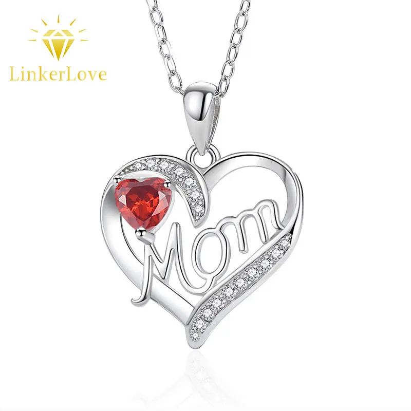 

LinkerLove S925 Silver Red Zircon Mom Heart Pendant Necklace for Women White Gold Plated Clavicle Chain Mothers Day Jewelry Gift