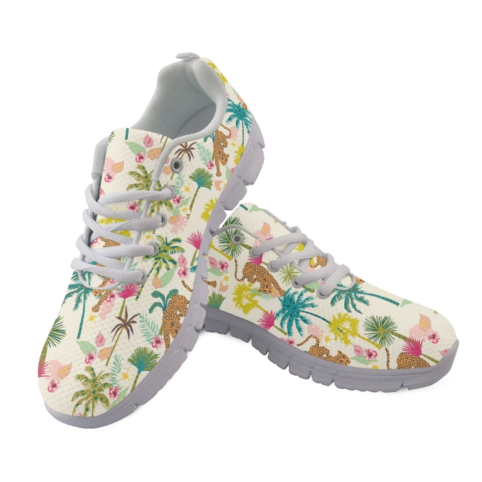 Coloranimal Leopard Palm Women Sneakers Lace Up Lightweight Women Running Shoes for Travel