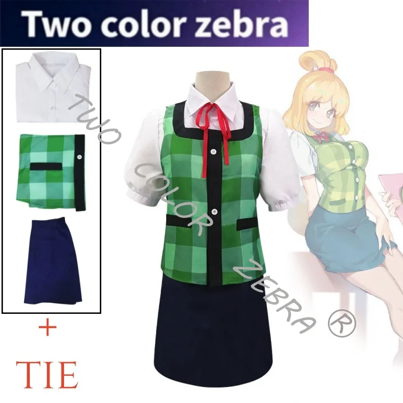 

Animal Crossing: New Horizons Isabelle Cosplay Costume Green Plaid Vest with Black Trim Navy Skirt Set for Comic Con Roleplay