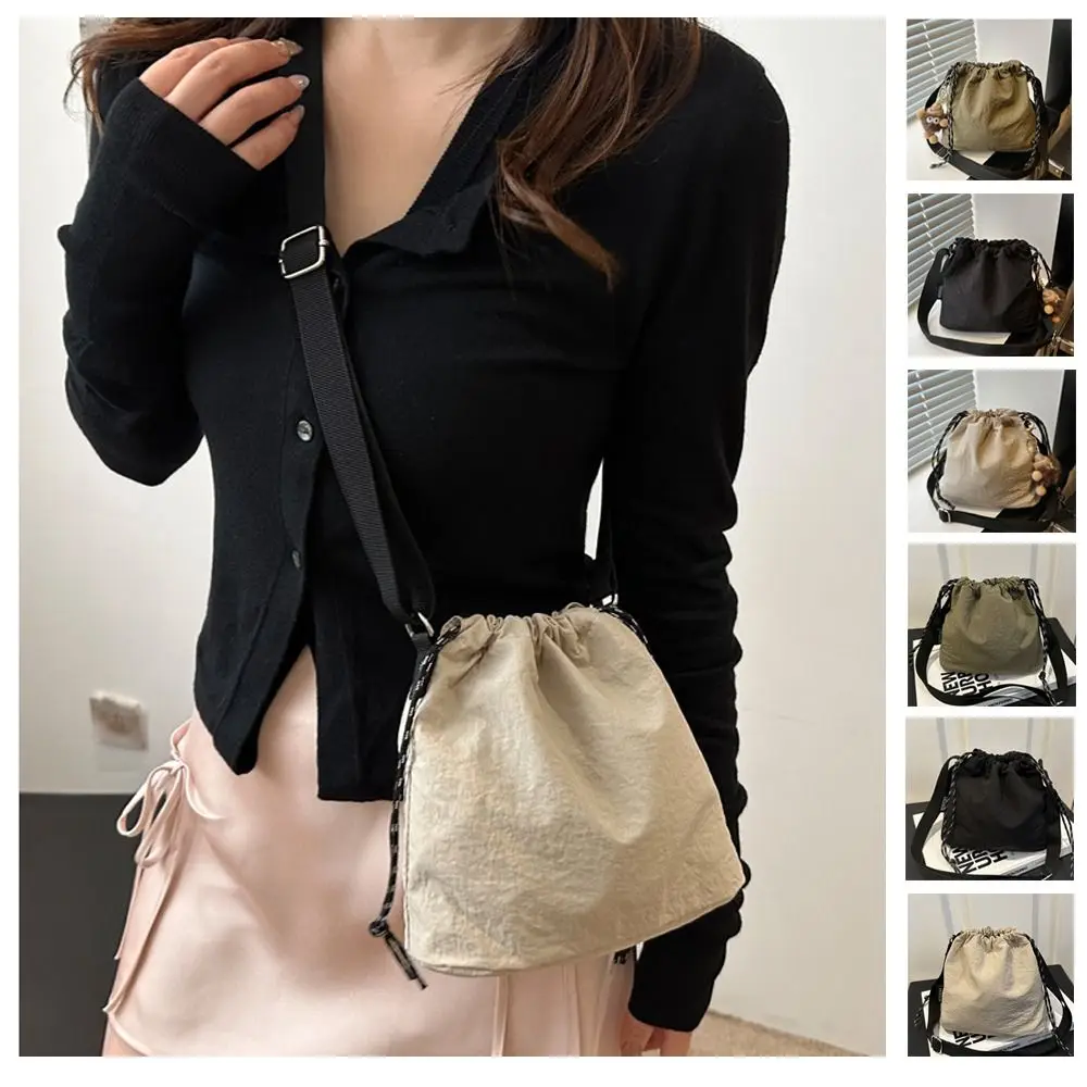 Korean Style Versatile Crossbody Bag Nylon Adjustable Strap Shoulder Bag Drawstring Bucket Bag Unisex