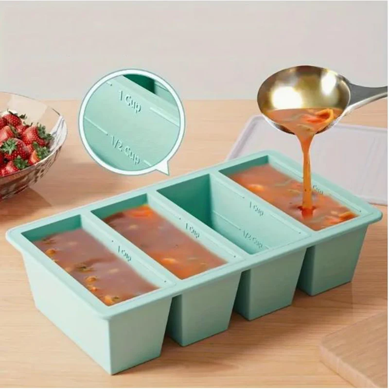 

1pc Silicone Freezer With Lid Ice Cube Tray With Lid 4 Cavity Flexible Food Grade Silicone Ice Cube Mold Ice Trays For Freezer