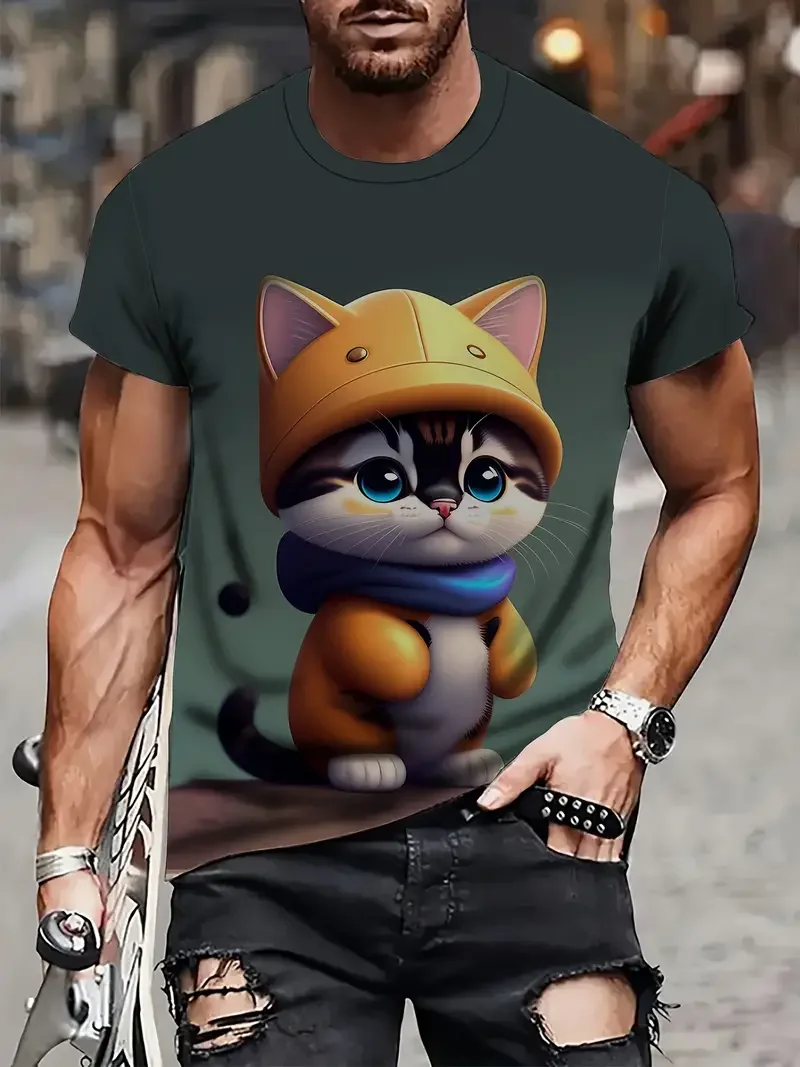 Summer Fashion Funny Cartoon Cat Graphic T-shirt For Men New Trend Casual Personality 3D Printed Round Neck Short Sleeve Tee Top