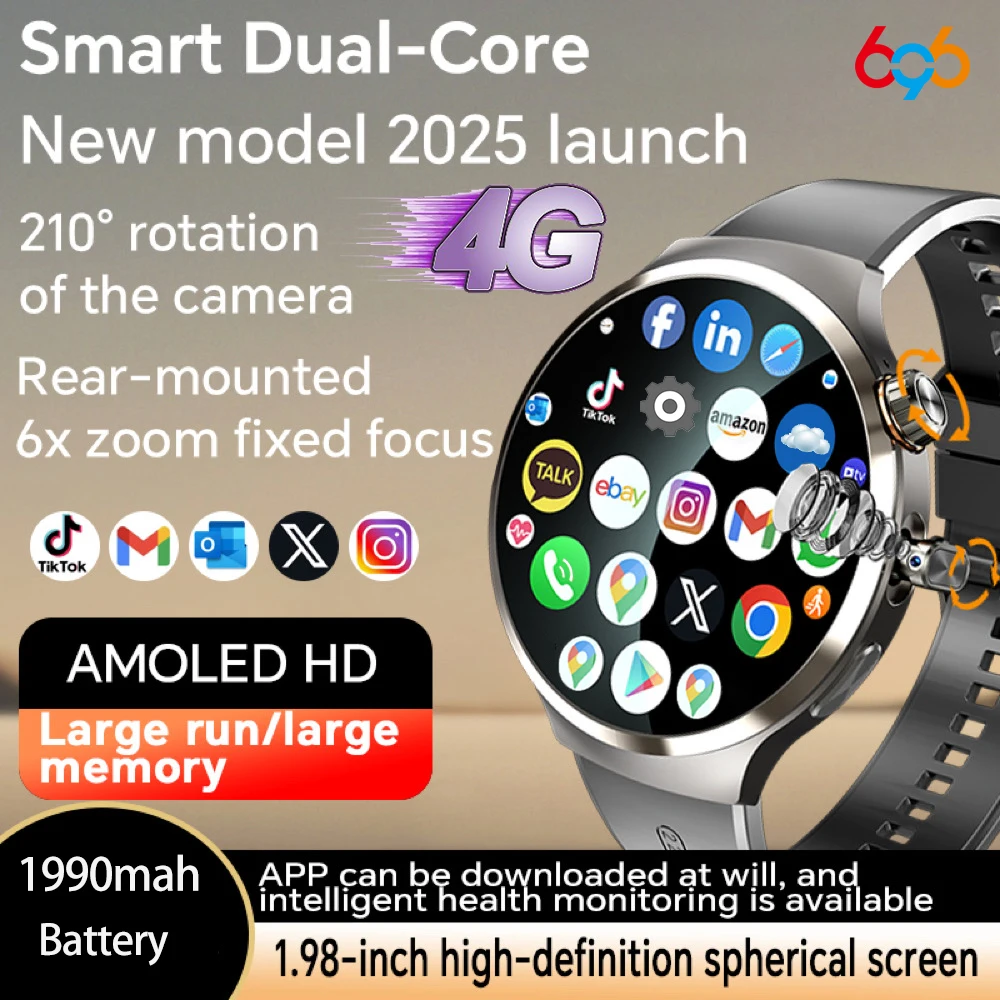 

Smartwatch AMOLED Screen 210° Rotating Camera GPS Position Clock Health Heart Rate Smart Watch APP Download NFC SIM Card Watches
