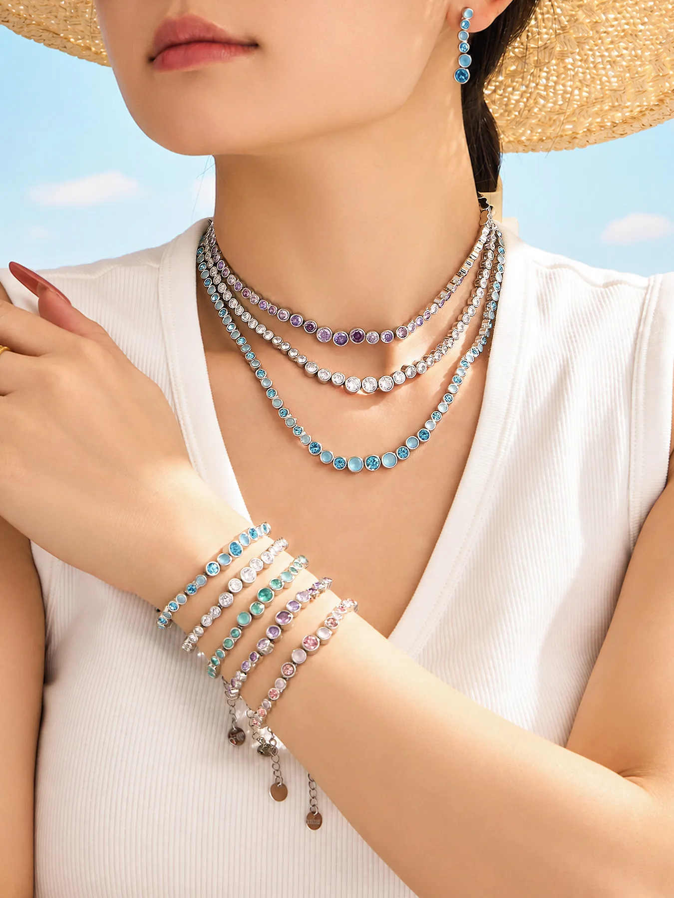 Boho Farbiger Zirkon Tennis-Schmuckset für Damen 18K Vergoldetes Edelstahl Farbverlauf Runde CZ Halskette Armband Ohrringe – Detail 9