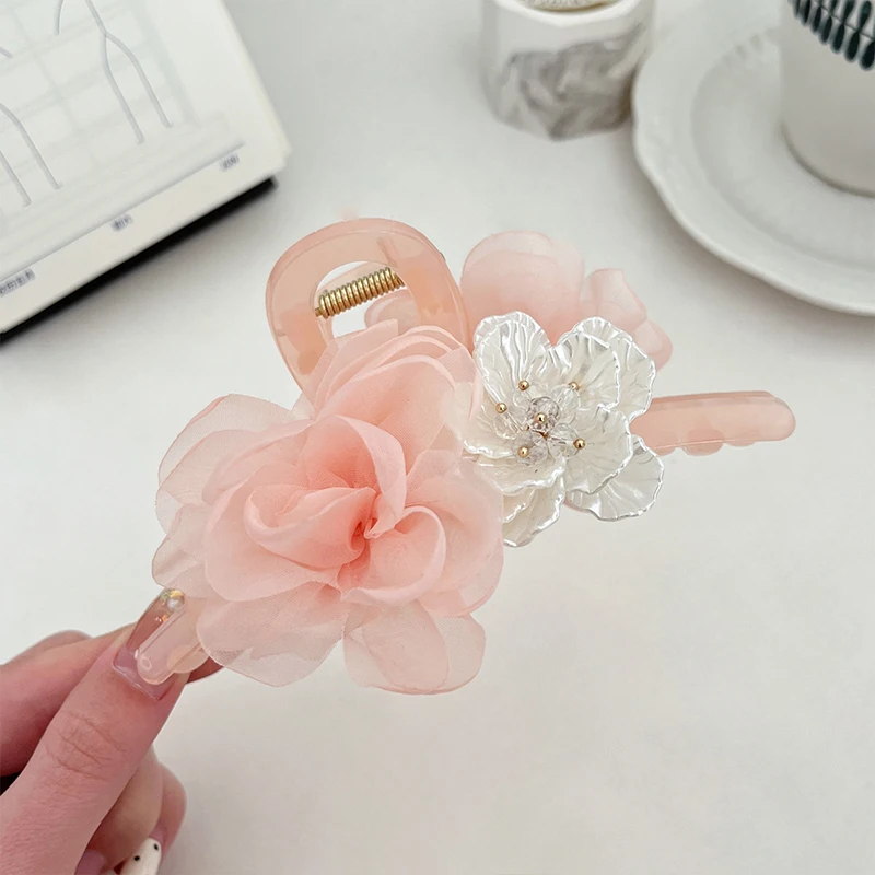 

2Pcs 2026 New Chinese Style Flower Mesh Gripper Women Camellia Large Back of Head Shark Clip Mesh Gripper
