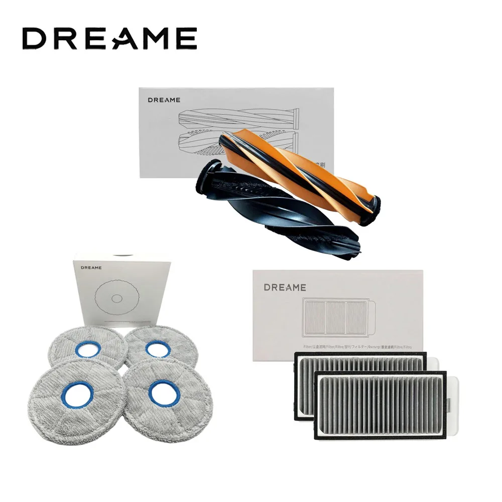 Originele Dreame L60 Pro Ultra stofzuigeraccessoires: hoofdborstel, zijborstel, HEPA-filter, dweilpads, stofzak, optionele reserveonderdelen.